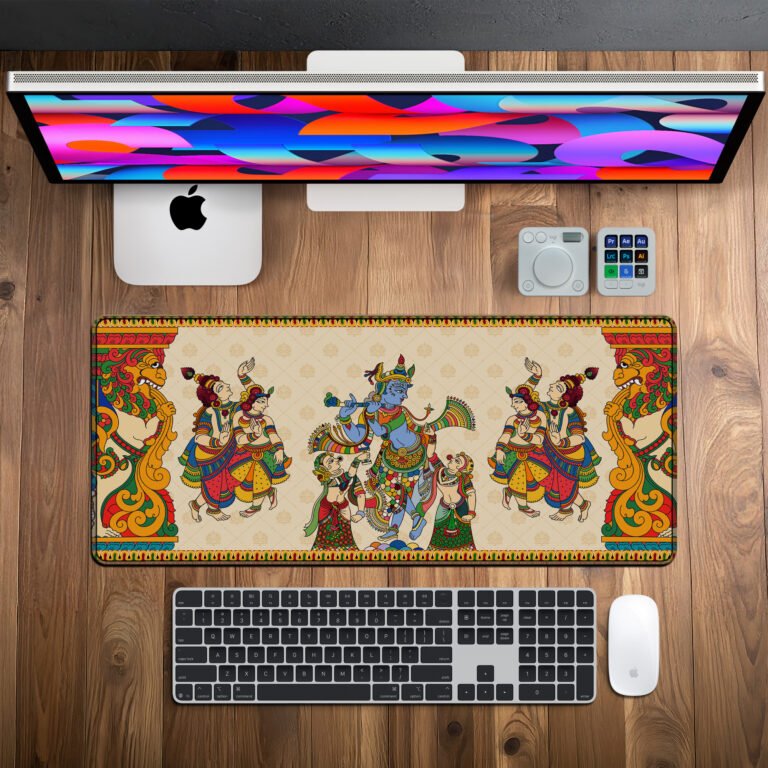 Krishna Pattachitra desk mat on a desk setup