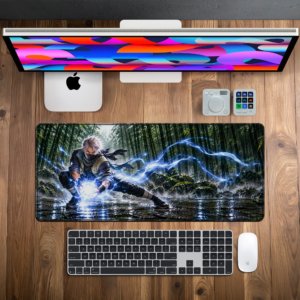Lightning Ninja Desk Mat — deep forest green and electric blue design, available in M, L and XL sizes.