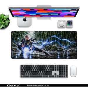 Lightning Ninja Desk Mat — deep forest green and electric blue design, available in M, L and XL sizes.