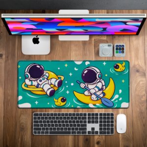 Little Astronauts Desk Mat — teal, golden yellow and cream design, available in M, L and XL sizes.