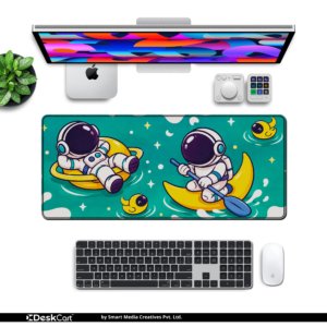 Little Astronauts Desk Mat — teal, golden yellow and cream design, available in M, L and XL sizes.