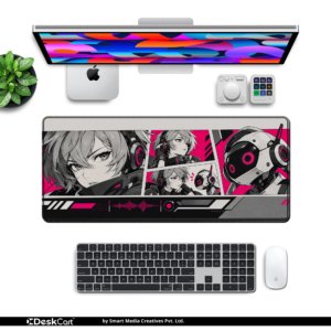 Neon Signal Desk Mat — hot pink, monochrome grey and black design, available in M, L and XL sizes.