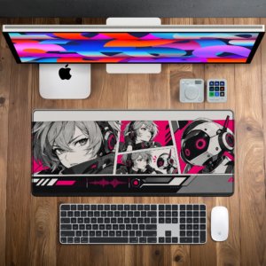 Neon Signal Desk Mat — hot pink, monochrome grey and black design, available in M, L and XL sizes.