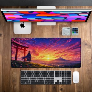 Samurai Sunset Desk Mat — sunset violet, amber and sakura pink design, available in M, L and XL sizes.