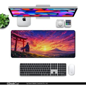 Samurai Sunset Desk Mat — sunset violet, amber and sakura pink design, available in M, L and XL sizes.