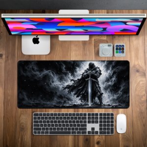 Shadow Knight Desk Mat — monochrome black, grey and white design, available in M, L and XL sizes.
