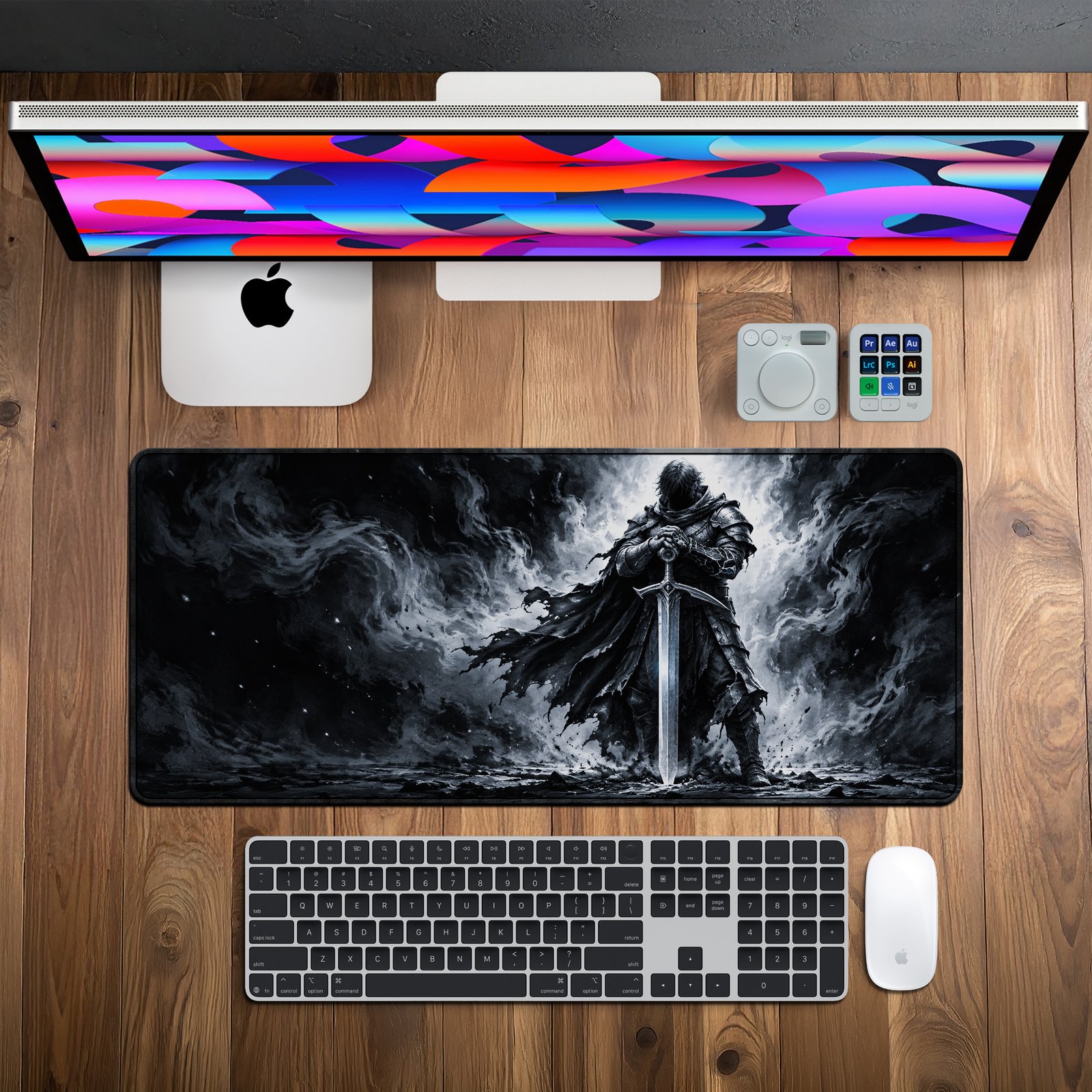 Shadow Knight Desk Mat — monochrome black, grey and white design, available in M, L and XL sizes. Shadow Knight Desk Mat — monochrome black, grey and white design, available in M, L and XL sizes.