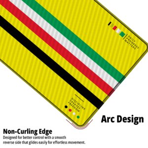 Sunset Stripe Amber Desk Mat — sunshine yellow, green, white, red and black design, available in M, L, XL and XXL sizes.