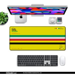 Sunset Stripe Amber Desk Mat — sunshine yellow, green, white, red and black design, available in M, L, XL and XXL sizes.