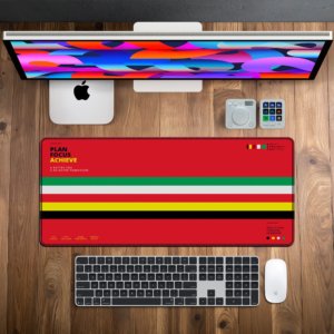 Sunset Stripe Tricolor Desk Mat — racing red, green, white, yellow and black design, available in M, L, XL and XXL sizes.