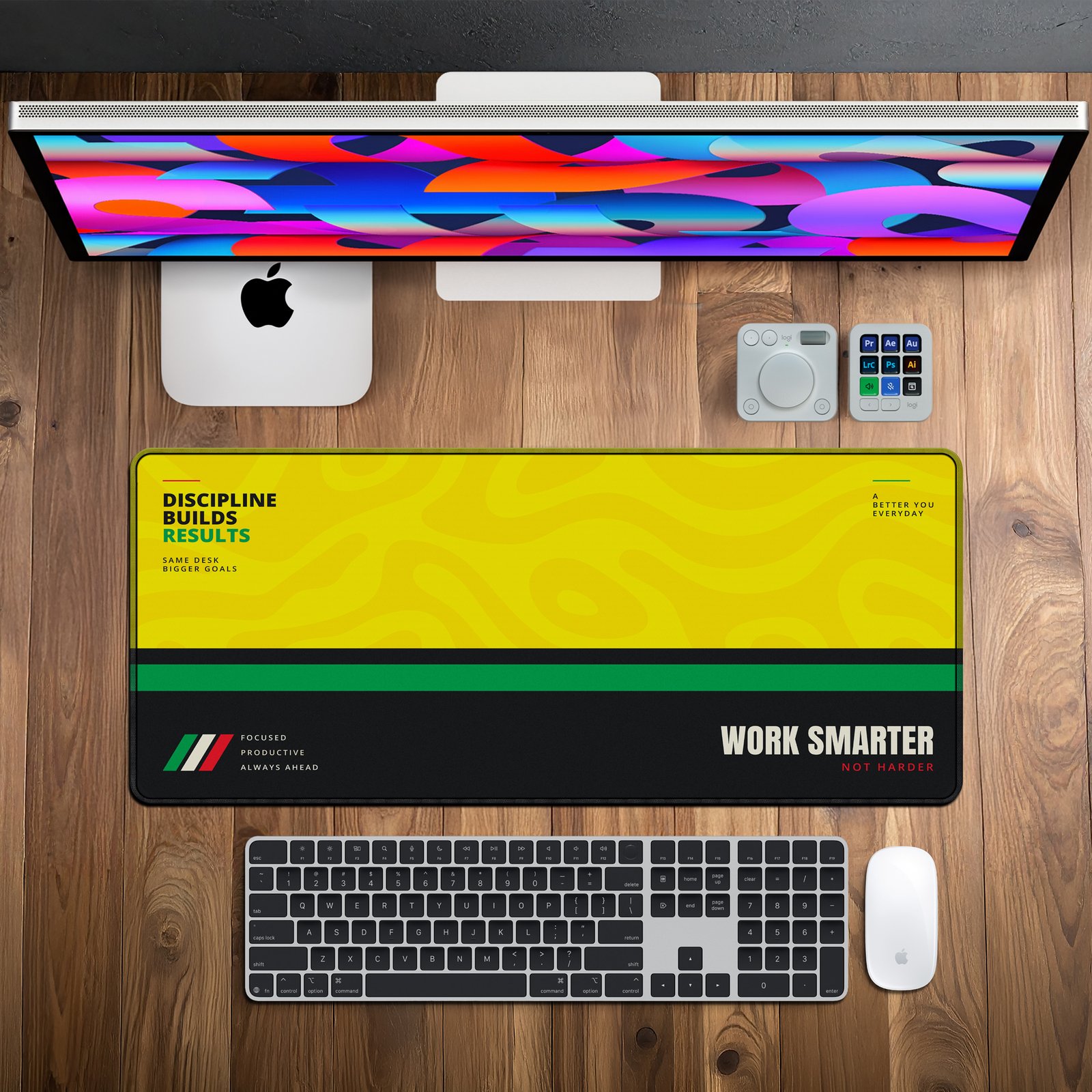 Swirl Motion Amber Desk Mat — sunshine yellow, forest green and black design, available in M, L, XL and XXL sizes. Swirl Motion Amber Desk Mat — sunshine yellow, forest green and black design, available in M, L, XL and XXL sizes.