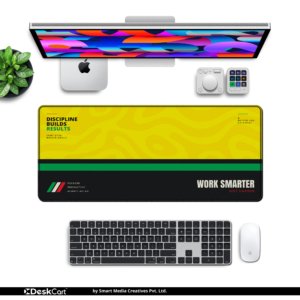 Swirl Motion Amber Desk Mat — sunshine yellow, forest green and black design, available in M, L, XL and XXL sizes.