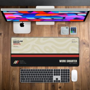 Swirl Motion Classic Desk Mat — warm sand, maroon and black design, available in M, L, XL and XXL sizes.
