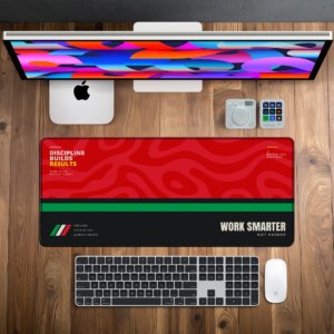 Swirl Motion Crimson Desk Mat — crimson red, forest green and black design, available in M, L, XL and XXL sizes.