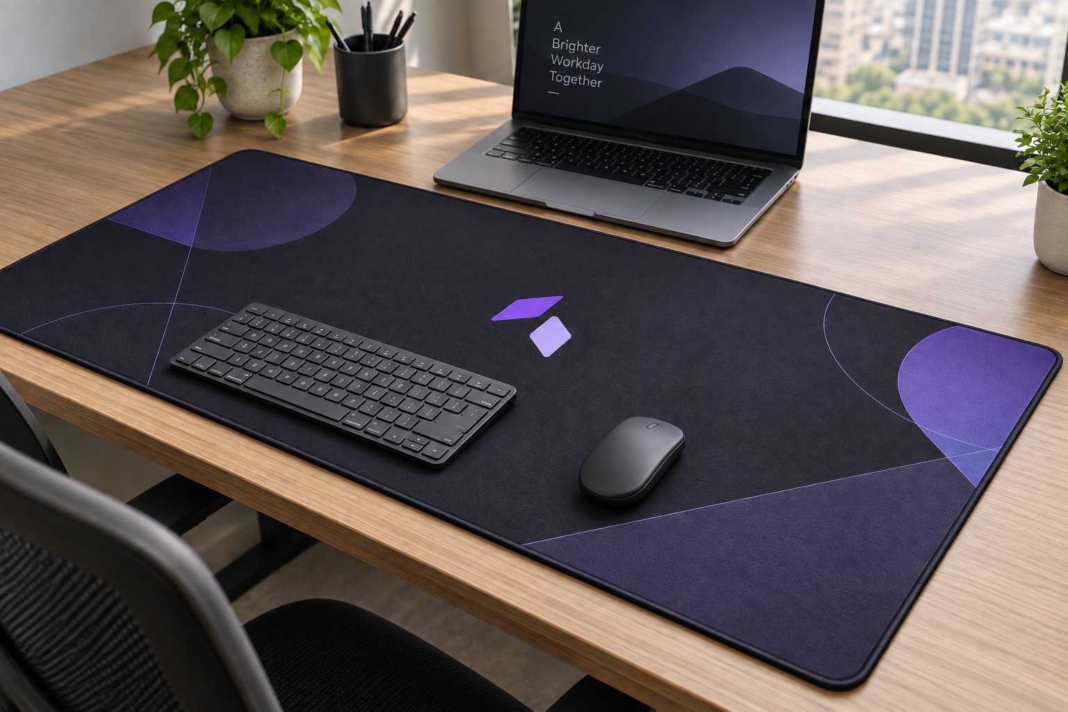 Illustrative custom corporate desk mat mockup in a modern office