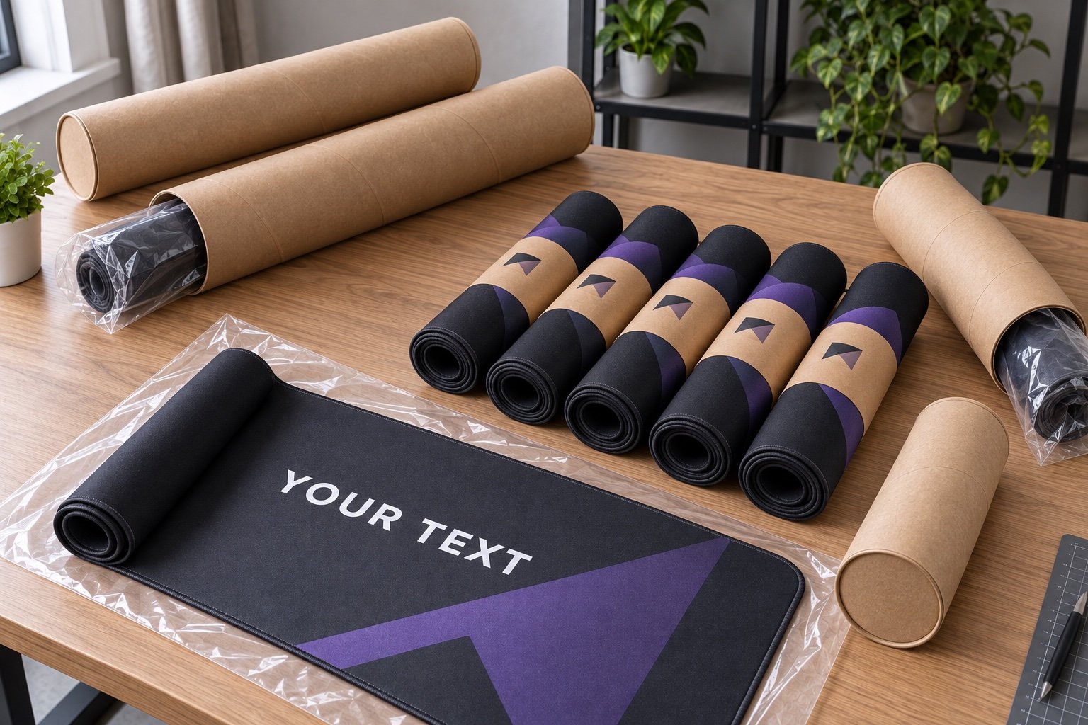 Illustrative bulk desk mat packaging mockup