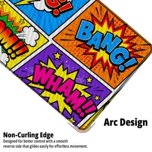 Close-up of the Comic Pow Pop Desk Mat showing the non-curling arc edge
