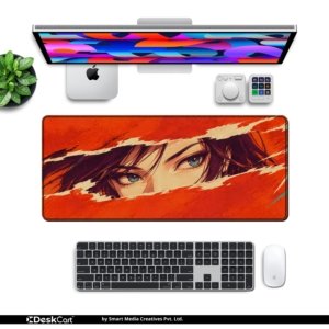 Crimson Gaze Desk Mat with keyboard and mouse on a desk