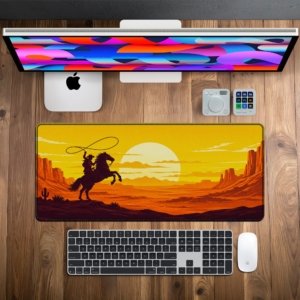Desert Lasso Rider Desk Mat on a desk