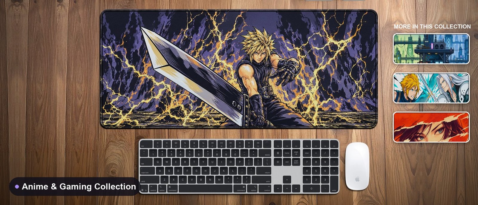 Anime and Gaming Collection desk mat on a wooden desk with keyboard