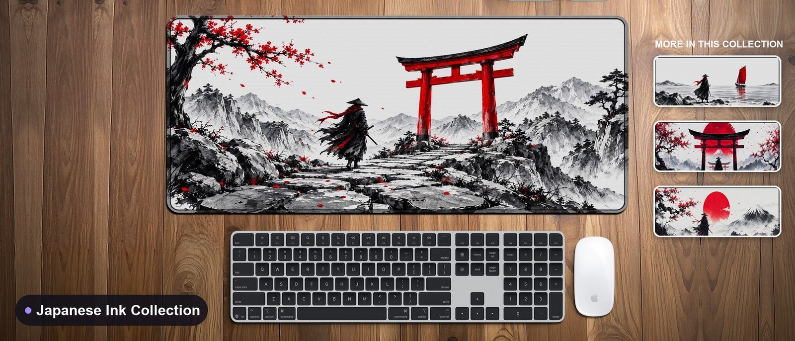 Japanese Ink Collection desk mat on a wooden desk with keyboard and mouse