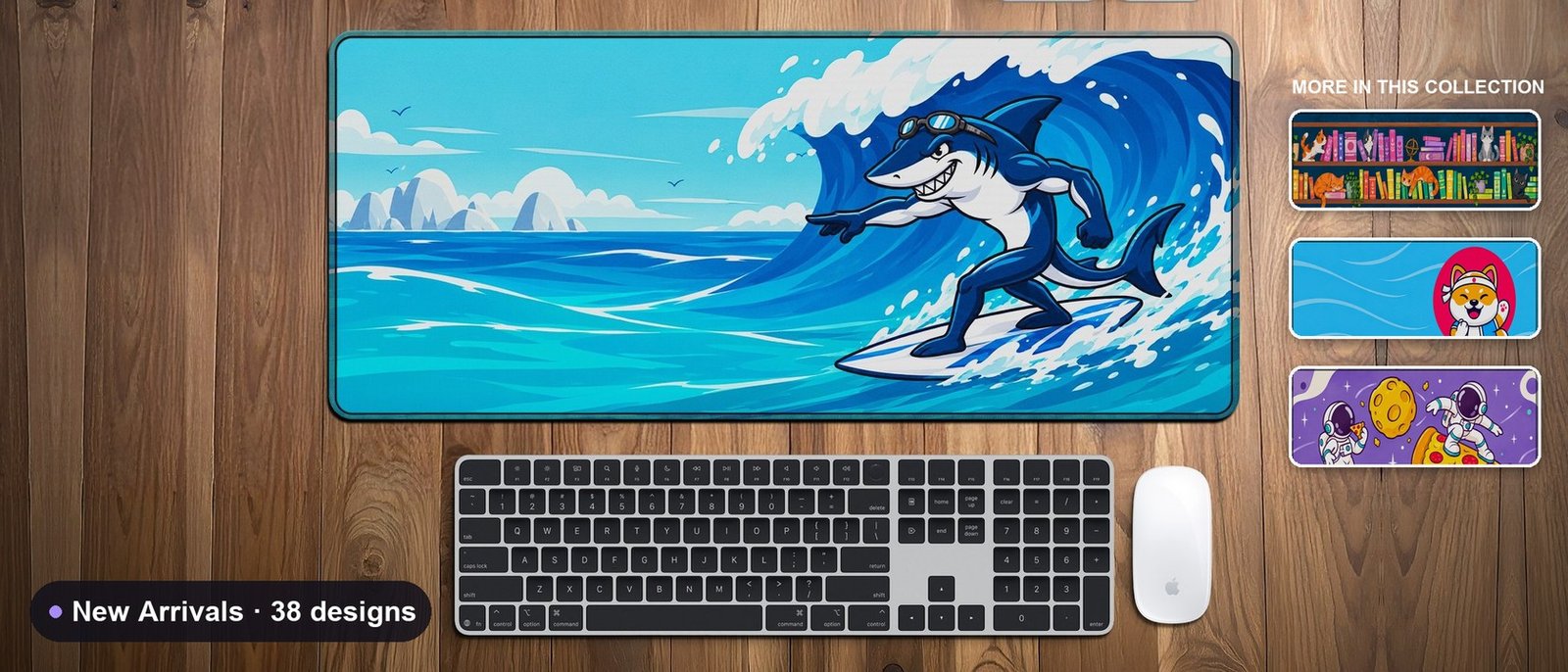 New arrivals: Surfing Shark desk mat on a wooden desk