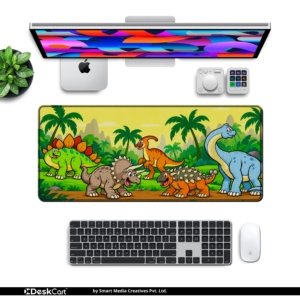 Dino Jungle Parade Desk Mat with keyboard and mouse on a desk