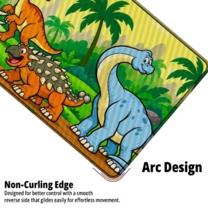 Close-up of the Dino Jungle Parade Desk Mat showing the non-curling arc edge