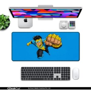 Flying Fist Hero Desk Mat with keyboard and mouse on a desk