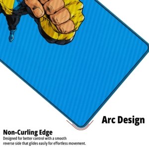 Close-up of the Flying Fist Hero Desk Mat showing the non-curling arc edge