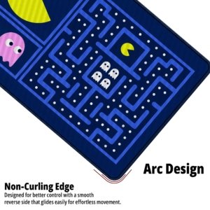 Close-up of the Game Over Arcade Maze Desk Mat showing the non-curling arc edge