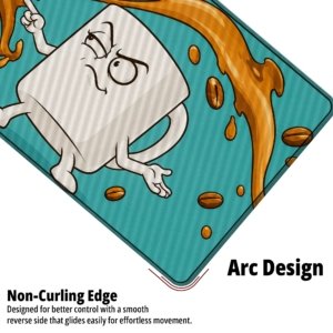 Close-up of the Grumpy Coffee Mug Desk Mat showing the non-curling arc edge