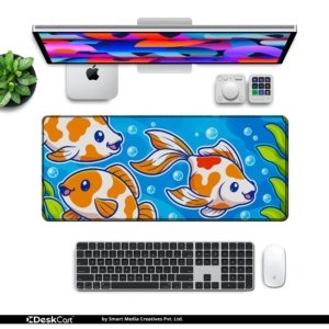 Happy Koi Friends Desk Mat with keyboard and mouse on a desk