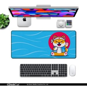 Happy Shiba Wave Desk Mat with keyboard and mouse on a desk