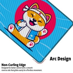 Close-up of the Happy Shiba Wave Desk Mat showing the non-curling arc edge