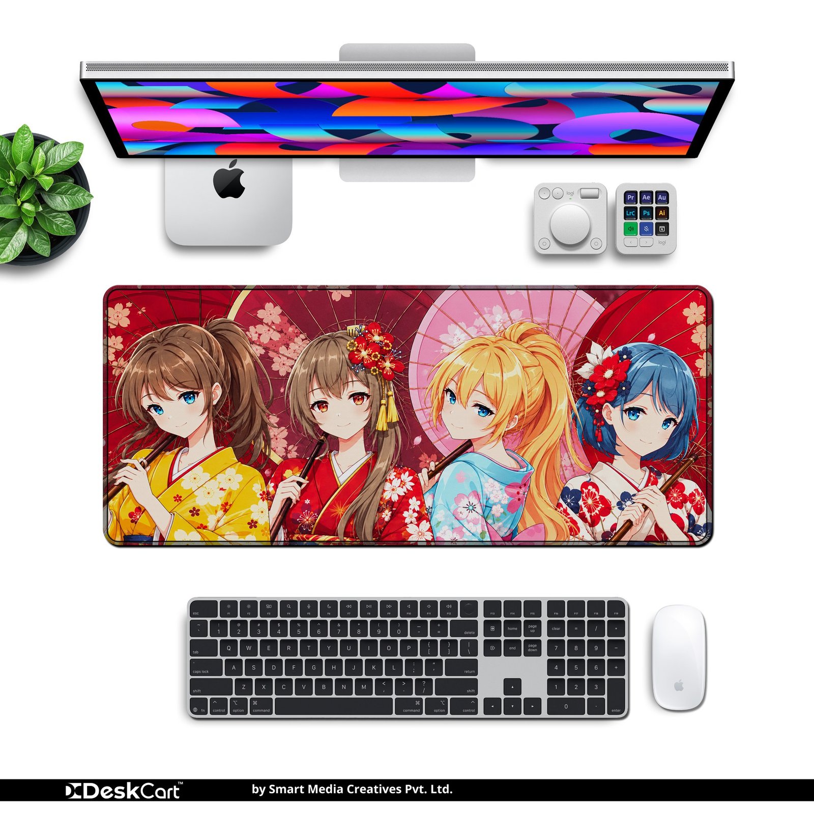 Kimono Umbrella Girls Desk Mat — red, pink, yellow and blue design, available in M, L and XL sizes. Kimono Umbrella Girls Desk Mat with keyboard and mouse on a desk