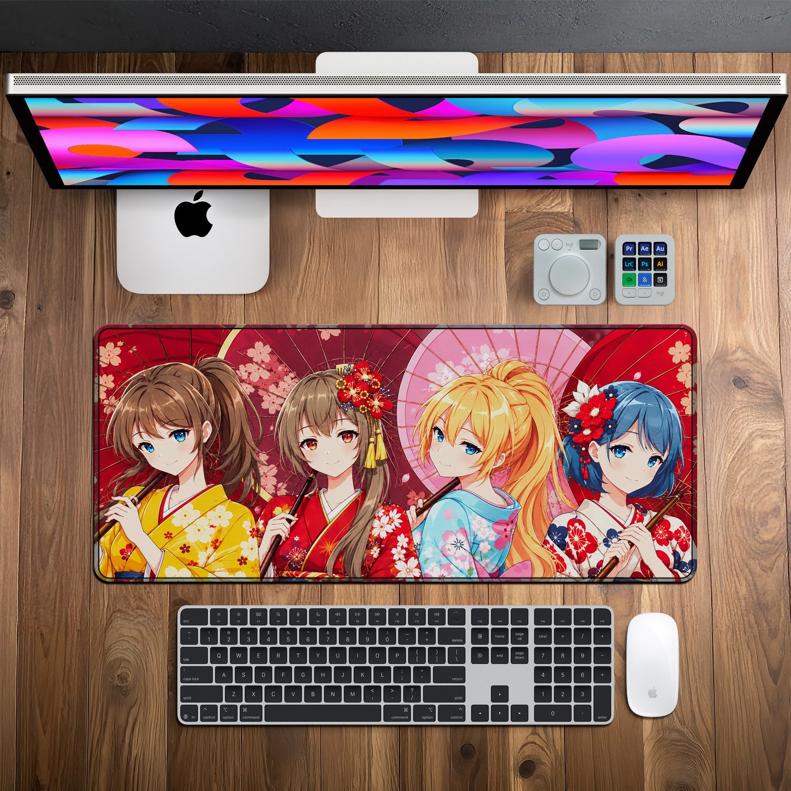 Kimono Umbrella Girls Desk Mat — red, pink, yellow and blue design, available in M, L and XL sizes. Kimono Umbrella Girls Desk Mat on a wooden desk with monitor, keyboard and mouse