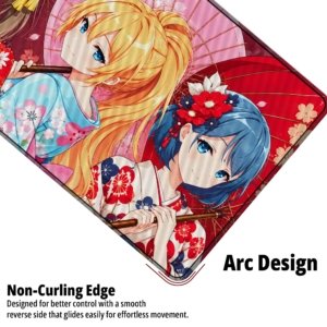 Close-up of the Kimono Umbrella Girls Desk Mat showing the non-curling arc edge