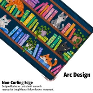 Close-up of the Library Cats Desk Mat showing the non-curling arc edge