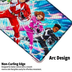 Close-up of the Lightning Squad Heroes Desk Mat showing the non-curling arc edge