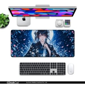 Moonlit Kimono Blade Desk Mat with keyboard and mouse on a desk