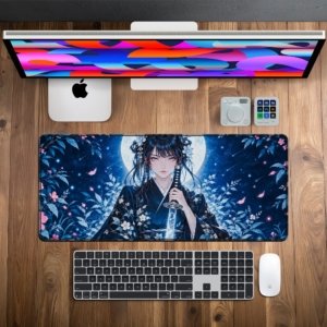 Moonlit Kimono Blade Desk Mat on a desk