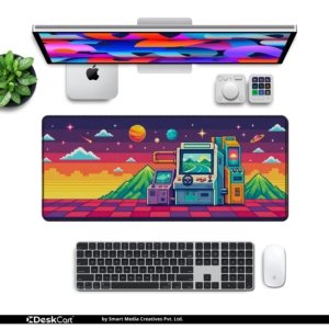 Pixel Arcade Sunset Desk Mat with keyboard and mouse on a desk