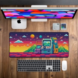 Pixel Arcade Sunset Desk Mat on a desk