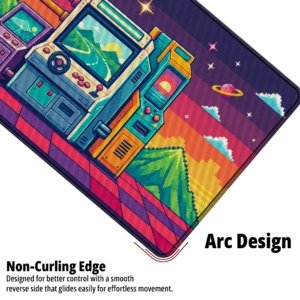 Close-up of the Pixel Arcade Sunset Desk Mat showing the non-curling arc edge