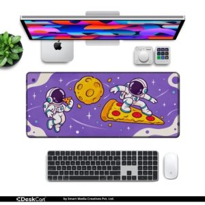 Pizza Space Surfers Desk Mat with keyboard and mouse on a desk