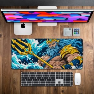 Poseidon Trident Fury Desk Mat on a desk