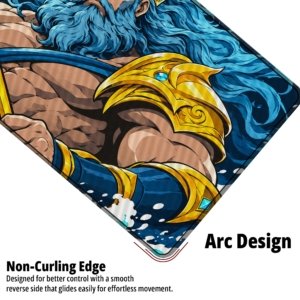 Close-up of the Poseidon Trident Fury Desk Mat showing the non-curling arc edge