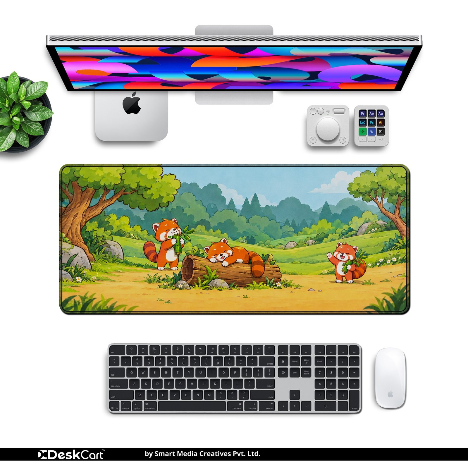 Red Panda Meadow Desk Mat — leaf green, sky blue and red-orange design, available in M, L and XL sizes. Red Panda Meadow Desk Mat with keyboard and mouse on a desk