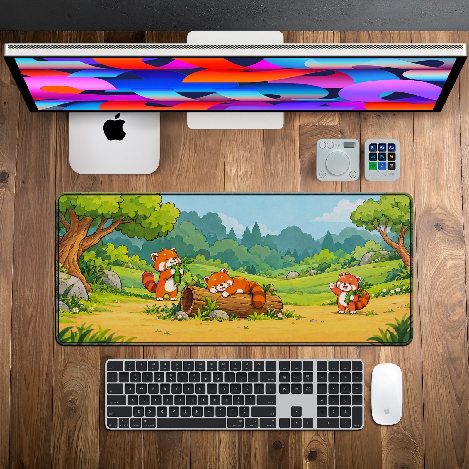 Red Panda Meadow Desk Mat — leaf green, sky blue and red-orange design, available in M, L and XL sizes. Red Panda Meadow Desk Mat on a wooden desk with monitor, keyboard and mouse